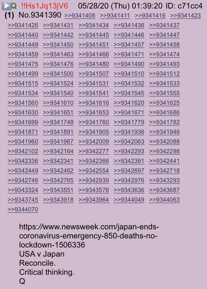 Q Thread 05.28.2020!!NEW Q - 4336!!01:39:20 EST  https://www.newsweek.com/japan-ends-coronavirus-emergency-850-deaths-no-lockdown-1506336USA v JapanReconcile.Critical thinking.Q #QAnon @realDonaldTrump