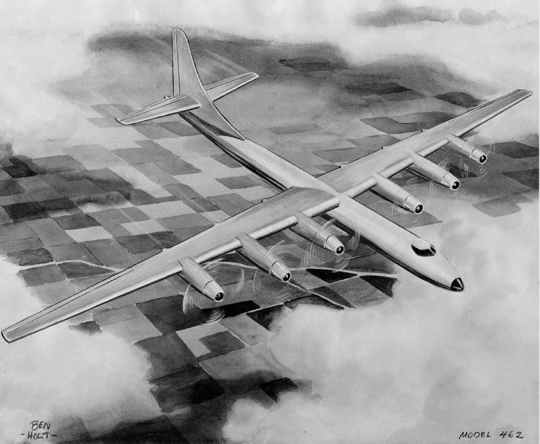 On 5 June 1946, Boeing's 462, a straight-wing aircraft powered by 6 turboprops with a gross weight of 160T and a combat radius of 3,110m was declared the winner.However, by October the AF expressed concern about the size of the aircraft and its inability to meet requirements.