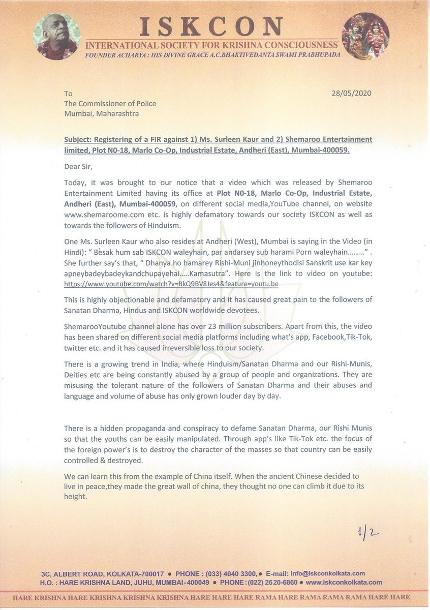 RadharamnDas's tweet image. Dear Sir @CPMumbaiPolice 
Pls find our complaint agains Surleen Kaur &amp;amp; @ShemarooEnt for using inappropriate words for ISKCON, for our Rishis, Hindus. 

This is very unfortunate that there has been narrative building against the followers of Sanatan Dharma on different platforms