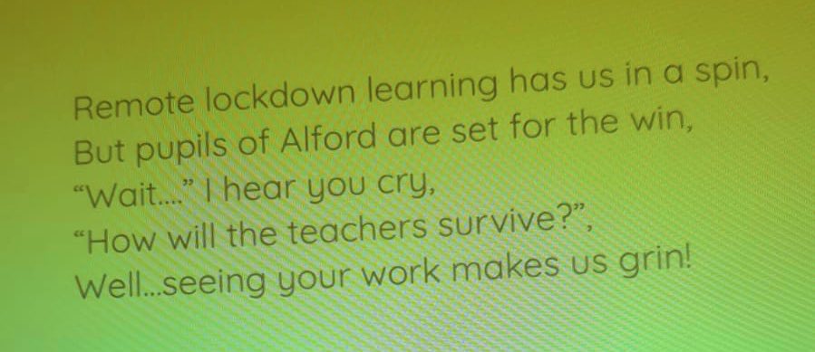 schoolalford's tweet photo. When Mrs McGowan heard about the limerick challenge that Mrs Skene had set her P5s this morning she just had to write her own and Mr Young had a go too! We think they’re excellent! #LimerickChallenge #Creativity #Positivity #remotelearning https://t.co/C6u0fcOA3y