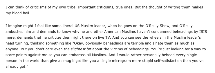 I think this is an important and relatable psychological phenomenon underscoring contemporary American discourse. Not just the fact that self-criticism is hard, but the feeling that people from the other side of the aisle who ask us to self-criticize have bad motivations. (5)