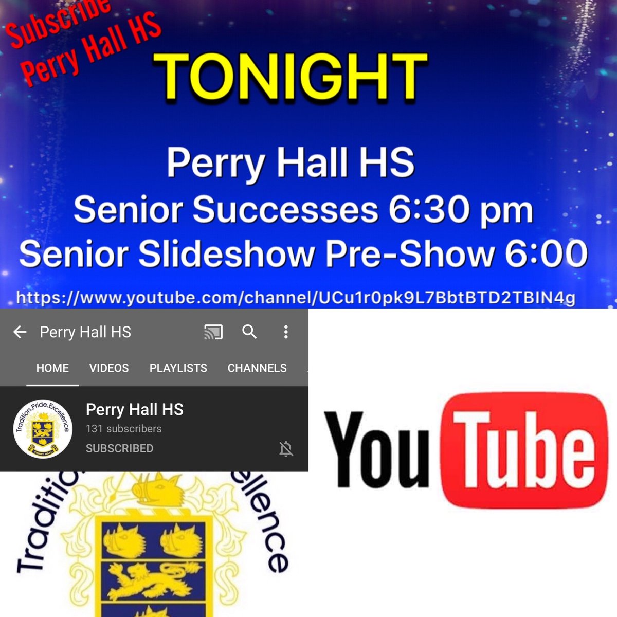 Hall_Pride's tweet photo. The Senior Success Ceremony will take place TONIGHT on YouTube Live at 6:30 p.m. You must subscribe to YouTube Channel "Perry Hall HS." Sign in at 6 p.m., to catch the senior slideshow. #HallPride #HallTogether #SeniorStrong #TeamBCPS
@CraigTReed_PHHS @PerryPtsa @CounselingPhhs https://t.co/hGW8I0My74