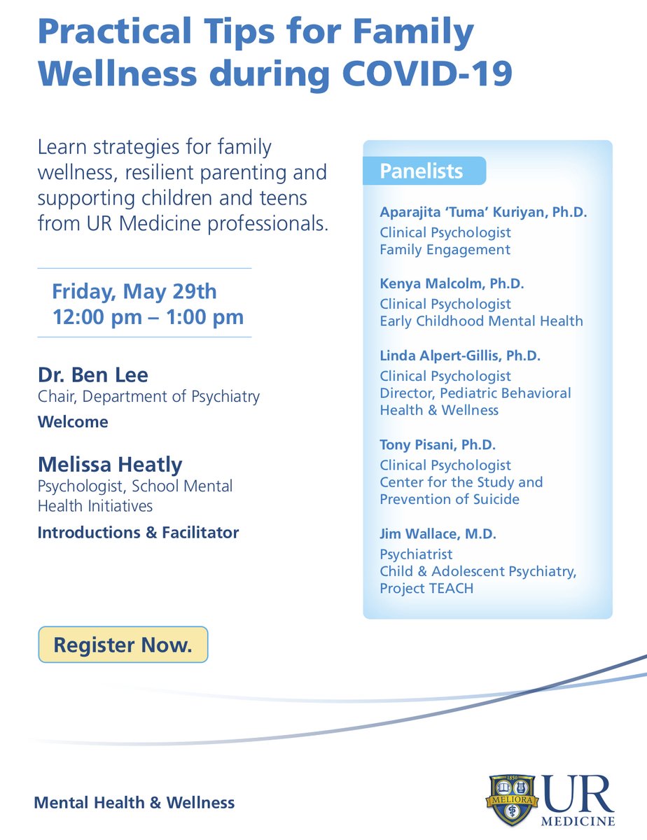 Join UR experts tomorrow, 5/29 at 12:00pm for a FREE virtual town hall to learn strategies for family wellness, resilient parenting, and supporting children during a pandemic.

Practical Tips for Family Wellness during COVID-19
Register here: urmc.zoom.us/webinar/regist…