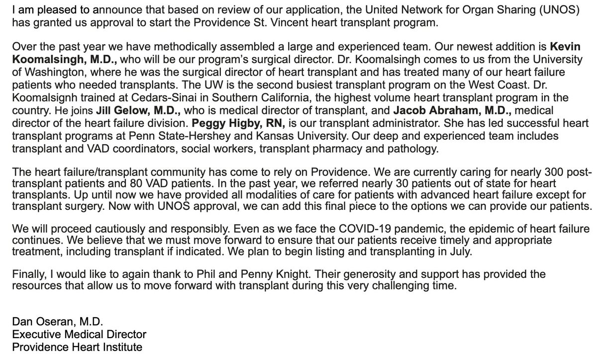 Happy to share that our new transplant program @Providence has been approved by UNOS.