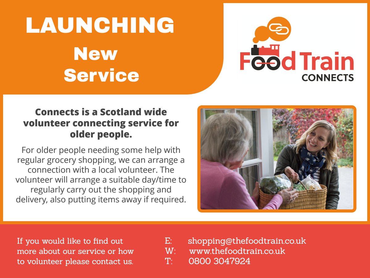 It’s #VolunteersWeek we are delighted to launch our new service <a href="/FoodTrainScot/">Food Train</a> Connects! A Scotland wide service for older people needing help with their grocery shopping. If you know an older person who would like help please E: shopping@thefoodtrain.co.uk or T: 0800 3047924