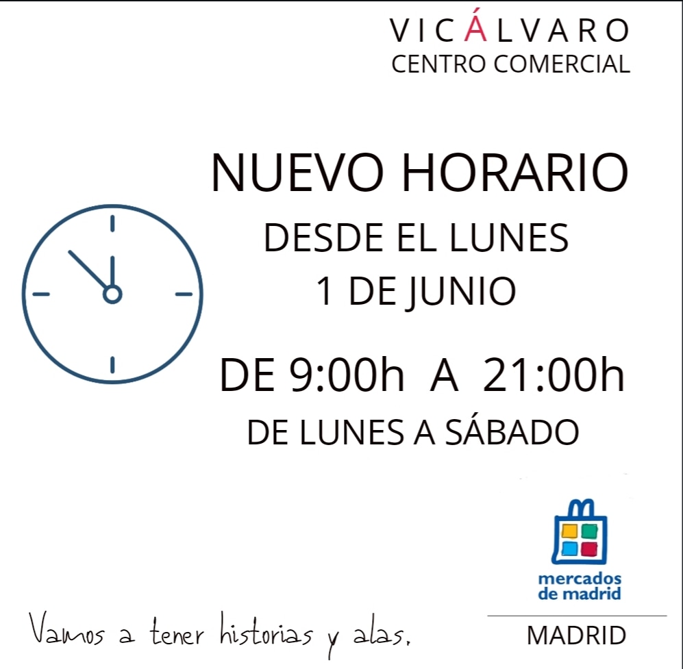Nuevo horario: Desde el lunes día 1 de junio, de 9 a 21 horas de lunes a sábado!!!

#Vicalvaro #centrocomercialvicalvaro <a href="/mercamad/">Mercados de Madrid</a>