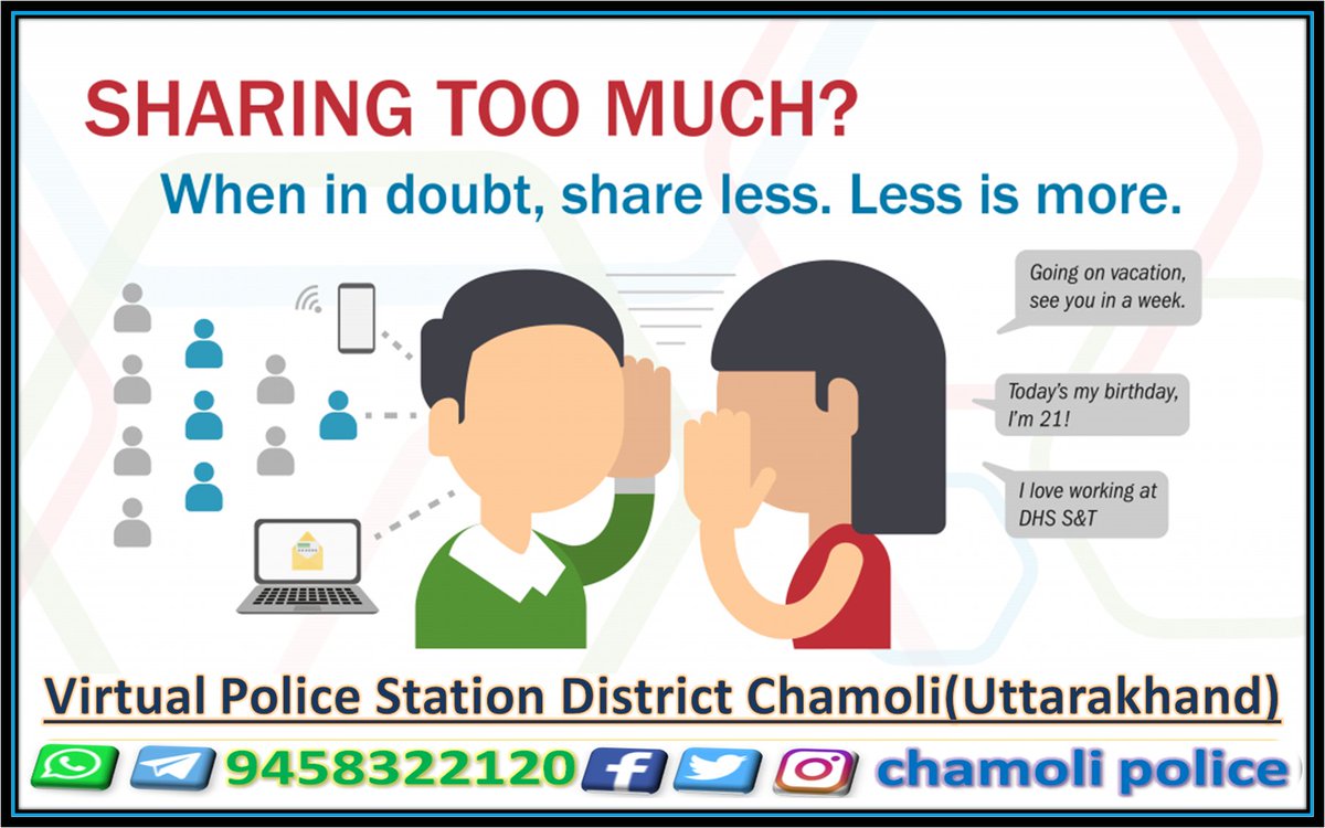 chamolipolice's tweet photo. "किसी भी प्रकार की निजी जानकारी साझा करने से बचें।"
#Shareless
#safetyFirst
#chamolipoliceTips https://t.co/J6p63DE0Br