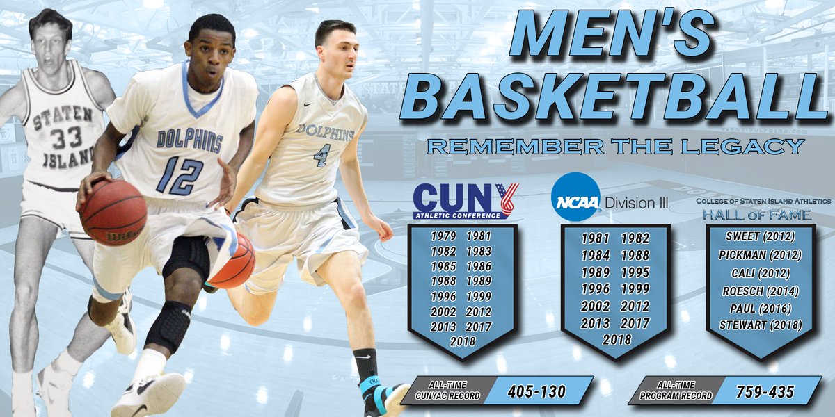 CSIDolphins's tweet photo. Our next program is easily one of our most successful, boasting 15 @CUNYAC Championships, an NCAA Tournament run to the Sweet 16, and six CSI Athletics Hall of Famers!  Today, we remember the legacy of #CSIMBB! #Fearthefin

Story - https://t.co/2STQOxrk7n https://t.co/Px9LrrpKpW