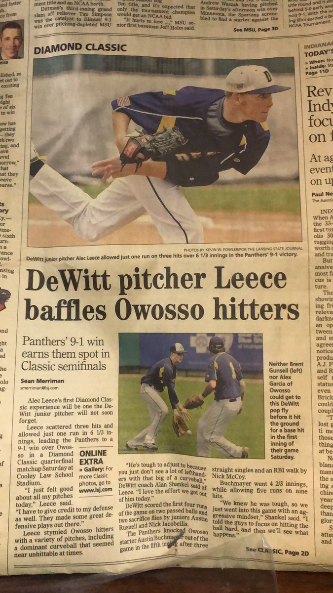 This Date in <a href="/DeWittBaseball_/">DeWitt Baseball</a> History 5/28/11 JR Alec Leece paints his masterpiece at Cooley against a dangerous Owosso squad led by P Austin Buchmeyer, who had beaten DeWitt in the Regionals 2010.  Leece scattered 4 hits in the 9-1 Diamond Classic win!#DeWitt #Panthers #Baseball