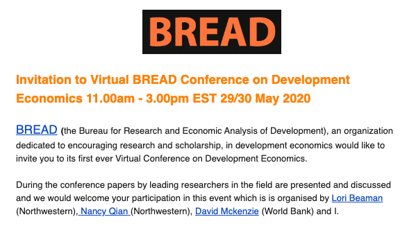 impliceren staking harpoen J-PAL on Twitter: "**Now online and open to all** Join BREAD for its  Virtual Conference on Development Economics. Happening 11am-3pm EST  tomorrow and Saturday. Agenda here: https://t.co/3c8wcJMOeW  https://t.co/atCPed0hmL" / Twitter