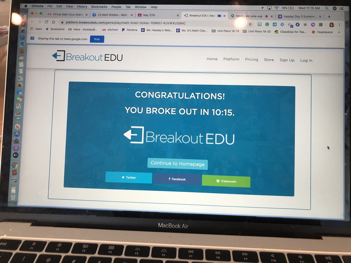 Virtual math club broke out of the “Brain Tickler” digital breakout box yesterday in 10 minutes and 15 seconds!! So proud of their problem solving and critically thinking skills! @ElwoodMiddle @mrs_valle_ems