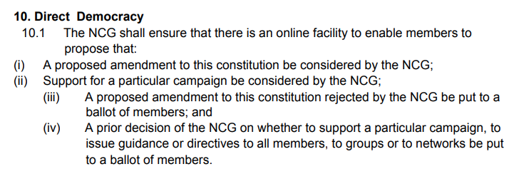 It also promises to expand the scope of e-democracy, but doesn't even commit to realising the provision in the *existing* constitution that there should be an online facility for members to initiate their *own proposals*, not just vote on the NCG's.