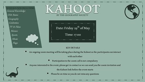 UONGeographySoc's tweet photo. Hi guys! Hope you are all enjoying the sunshine! 
We will be hosting our first Kahoot quiz this Friday.
Please get in touch with this page or any member of the team if you want to join!
Everyone is welcome, hope to see you all then.
#kahoot #geographysociety #quiznight https://t.co/HHUI8PiwJv