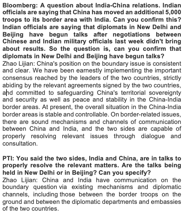 Re yesterday's comments on the China-India boundary situation by the Chinese foreign ministry spox, adding the transcript to this thread 13/