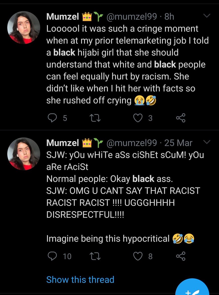 We also have  @mumzel99. Typical white racist right-wing vegan gay. Loves talking shit about black people and making anti-black comments. Uses veganism as a way to project their racist views on to others. The ultimate piece of TRASH!   #Vegan  #Plantbased