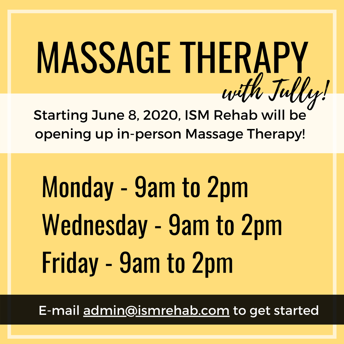 ISMRehab's tweet photo. ANNOUNCEMENT - We'll be opening up appointments for in-person Registered Massage Therapy Massage starting June 8, 2020!

Book your Appointment by emailing admin@ismrehab.com

Learn more: https://t.co/uelopteuF2

#burlington #burlingtonont https://t.co/z5XBeXsYy9