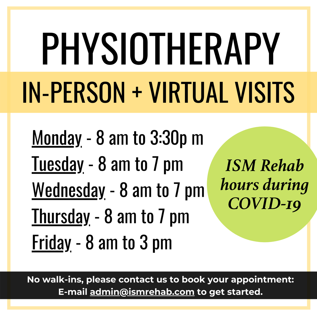 ISMRehab's tweet photo. ANNOUNCEMENT - We'll be opening up appointments for in-person Registered Massage Therapy Massage starting June 8, 2020!

Book your Appointment by emailing admin@ismrehab.com

Learn more: https://t.co/uelopteuF2

#burlington #burlingtonont https://t.co/z5XBeXsYy9