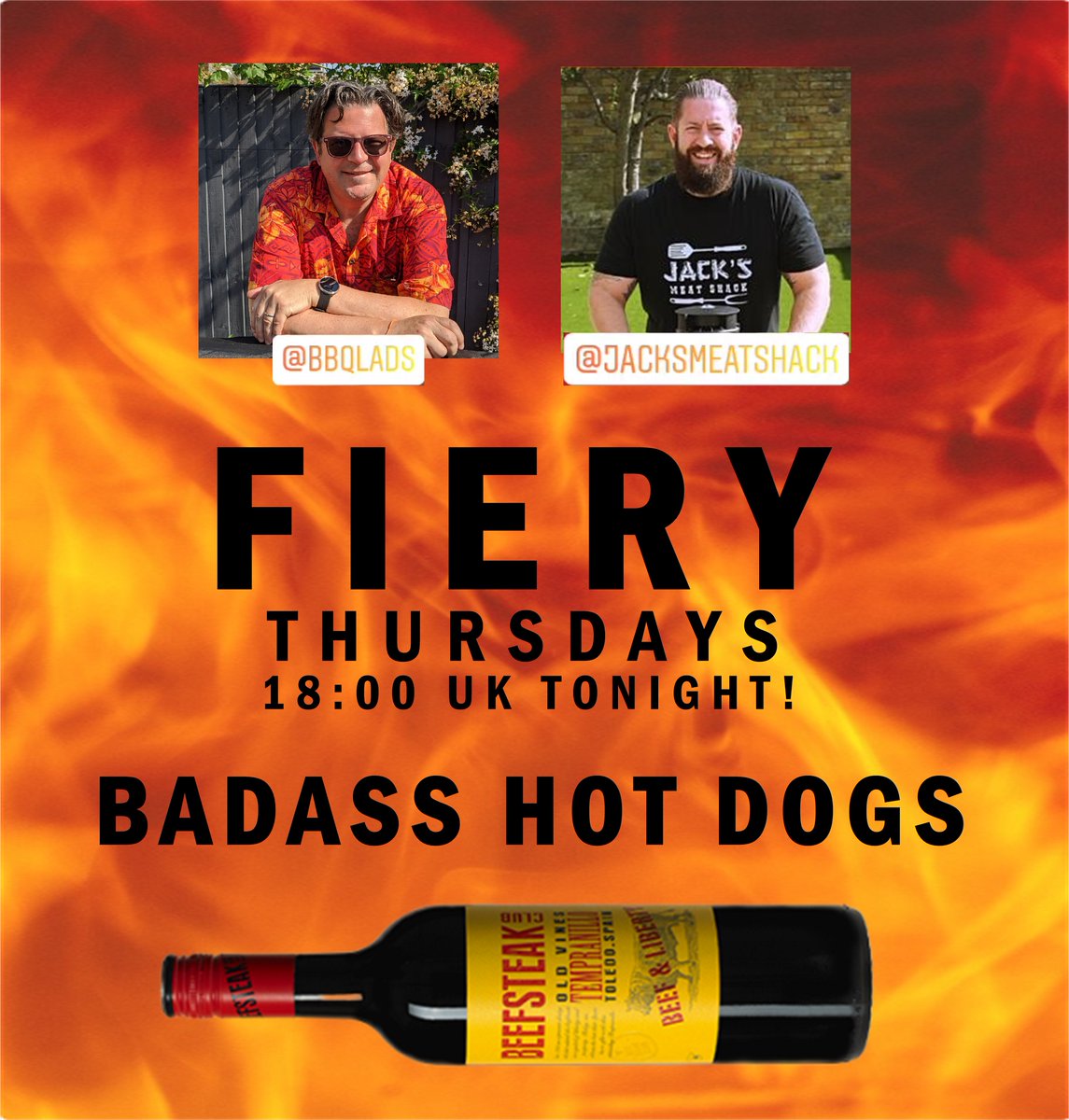 BeefsteakClub's tweet photo. To celebrate #NationalBBQweek, we'll be joining grill masters the #BBQLads and Jack's Meat Shack for tonight's #FieryThursday!🔥 

Tune in to @BBQLads Instagram Live at 6pm! They'll be pairing our #BeefsteakClub Tempranillo with some badass pork sausages😋 https://t.co/PQQMqv9EfN https://t.co/7kOM0Osiu7