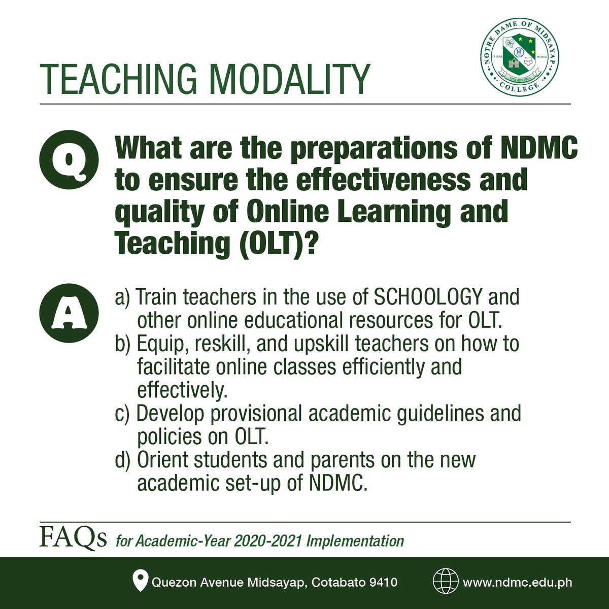 ndmcshs's tweet photo. FREQUENTLY ASKED QUESTIONS (FAQs) for Academic-Year 2020-2021 Implementation

#ndmc #ndmcshs #ndmcdares #NDMCFAQs https://t.co/eNWluODtOq