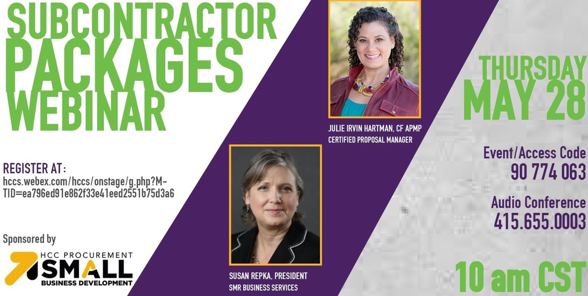srepka's tweet photo. Join @HCCSBDP on May 28  at 10 am CST to learn how to translate your experience, talents &amp; skills to become more attractive to prime contractors &amp; gain HCC experience as a subcontractor. 

Register https://t.co/BCTWQMrqdv

@JulieIHartman #HCC #HTX #procurement #SBE #contracts https://t.co/Ixc97FIIaV