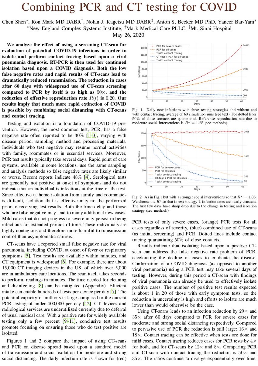 Combining PCR and CT testing for COVID: CT-scans can identify who to isolate to stop transmission much better then PCR.— A threadLinks for the impatient: https://necsi.edu/combining-pcr-and-ct-testing-for-covid https://www.endcoronavirus.org/papers/combining-pcr-and-ct1/9