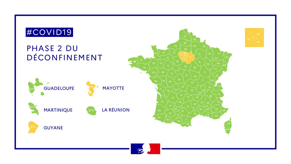 Nous allons surveiller avec une vigilance particulière les départements d’île-de-France, la Guyane et Mayotte, où le virus circule plus qu’ailleurs. Dans ces départements « oranges », le #déconfinement sera, pour 3 semaines, un peu plus prudent que sur le reste du territoire.