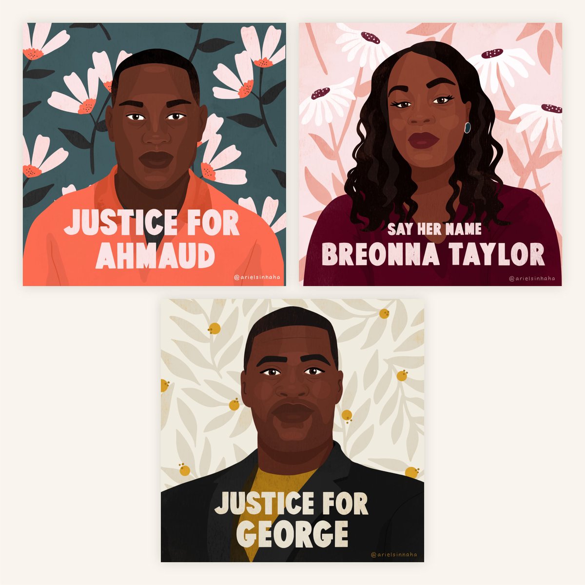 For those asking, here is a compilation of the original artwork. Please feel free to share my work to help tell these important stories and thank you for including an artist credit. #AhmaudArbery #JusticeforAhmaudArbery #BreonnaTaylor #GeorgeFloyd #BlackLivesMatter