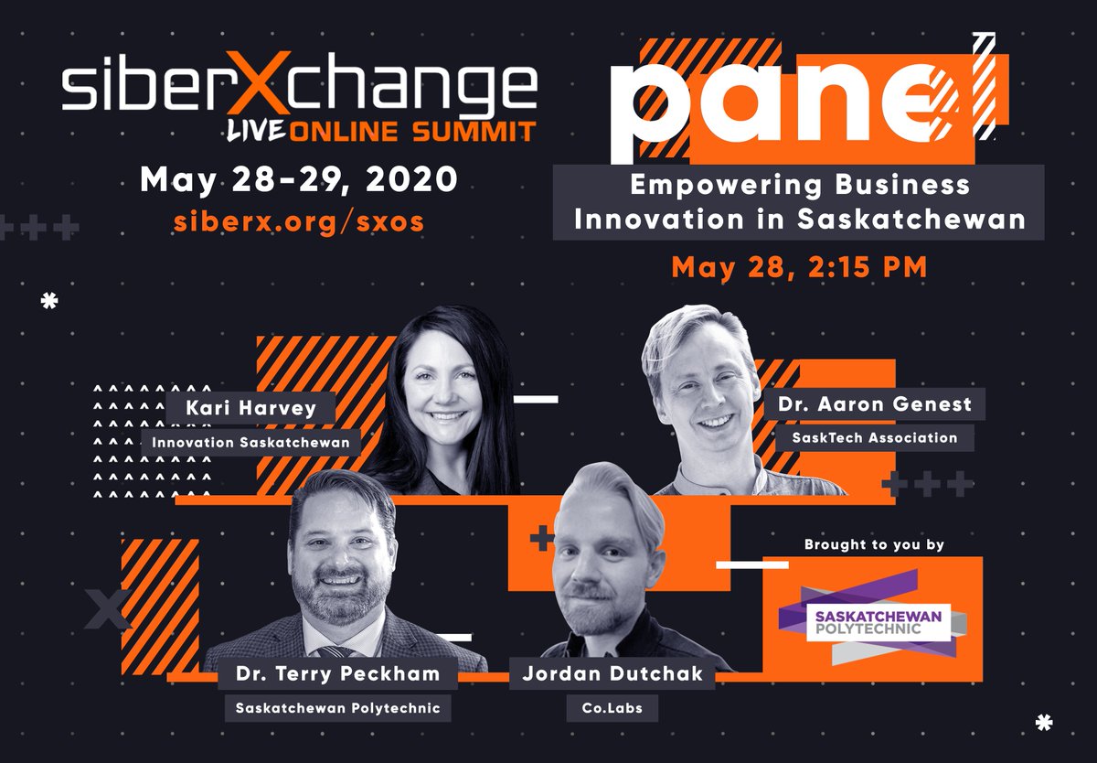 SaskPolytech's tweet image. TODAY! Don’t miss our @siberxorg panel. Kari Harvey of @InnovationSask, Dr. Aaron Genest of SaskTech Association, Dr. Terry Peckham of #saskpolytech, &amp;amp; Jordan Dutchak of @colabsyxe! #siberXchange lnkd.in/g5R-iGb.