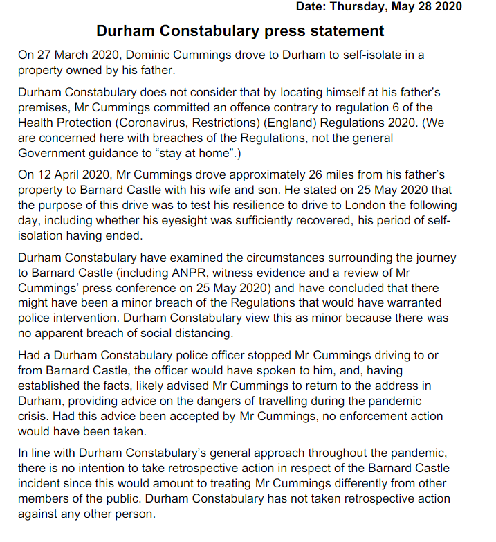 I think the Durham Constabulary statement is good in parts and not so good in others. I also think there are lessons from this Cummings saga about the way the government has handled the whole lockdown.
