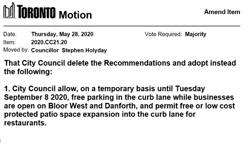 Councillor Stephen Holyday moves to cancel the entire ActiveTO bike plan and instead allow free parking on Bloor and Danforth, with some expanded patio space.