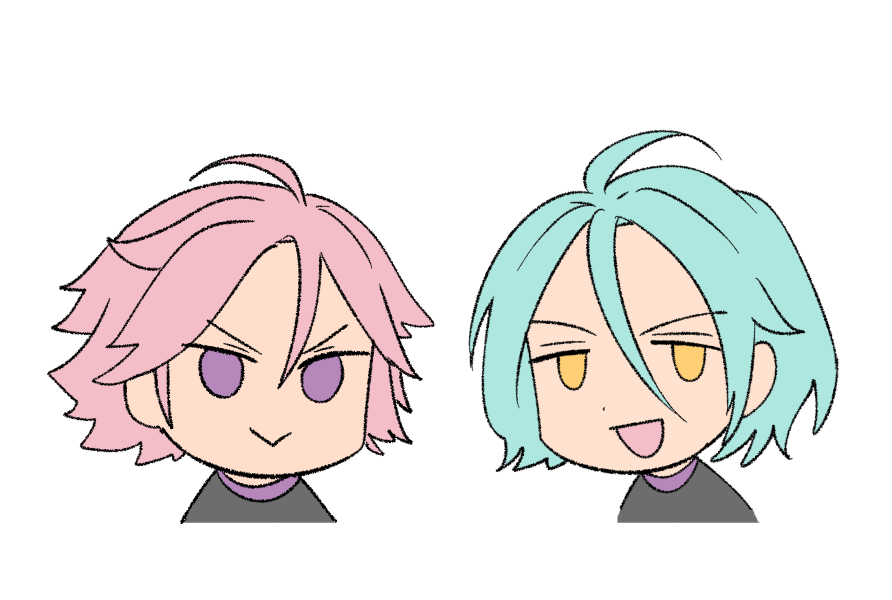 2boys multiple boys :> male focus smile pink hair white background  illustration images