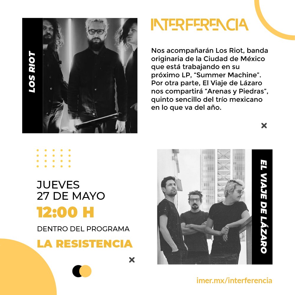 Acompaña a <a href="/eldavid_mx/">DAVID</a> 🎙️en #LaResistencia de hoy jueves con entrevistas a <a href="/losRiot/">LosRiot</a>, El Viaje de Lázaro, estrenos musicales y mucho más de 12-14 hrs por imer.mx/interferencia o en la app gratuita del <a href="/imerhoy/">IMER</a> 
#TomamosElControl #EstaciónVirtual #RadioPública #IMER