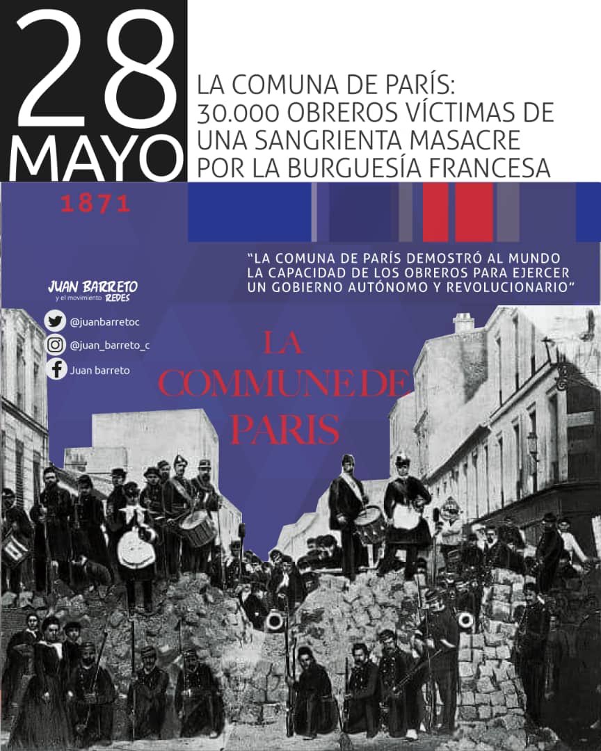 juanbarretoc's tweet photo. #28Mayo Por 1ra vez en la historia, lavanderas, obreros, profesionales, campesinos y soldados deciden ser gobierno y d unas elecciones libres y democráticas con participación directa d todos, nace “La Republica Social”. La Comuna de Paris, escuela permanente para la gente común https://t.co/IoEn0K3kHn