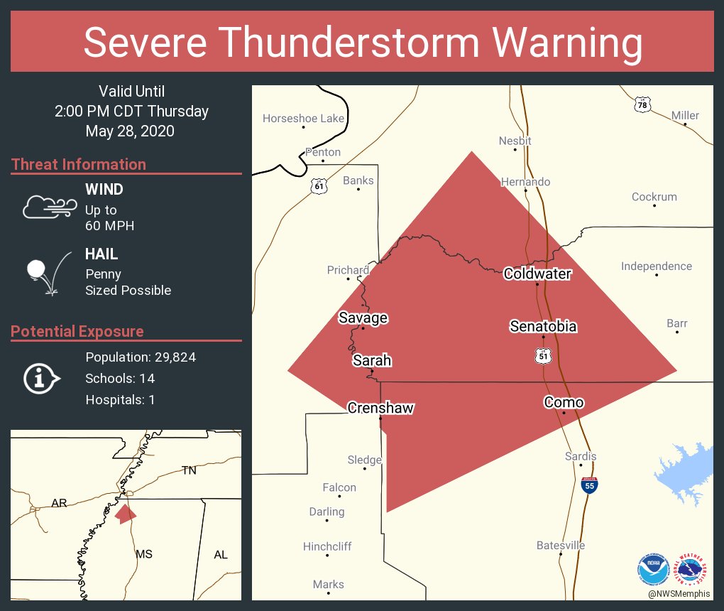Severe Thunderstorm Warning continues for Senatobia MS, Coldwater MS