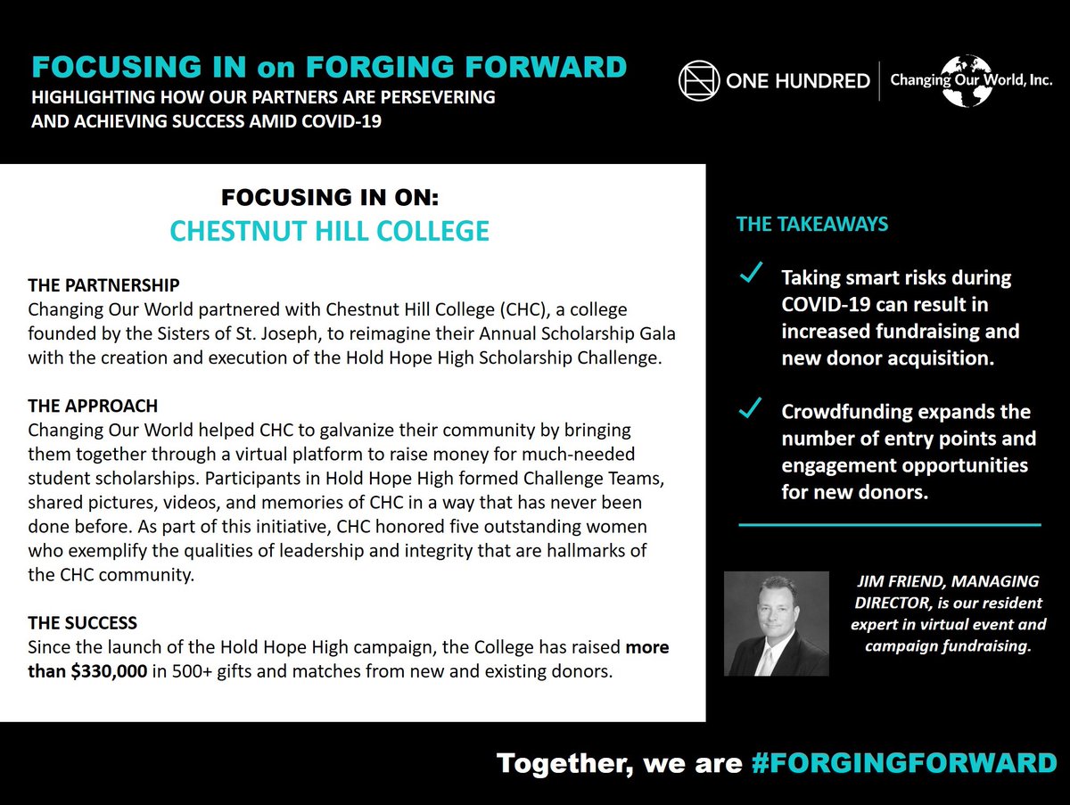 CWphilanthropy's tweet photo. Today we are #FOCUSINGIN on our partners #FORGINGFORWARD through #COVID19! Since the launch of @ChestnutHill  College's Hold Hope High campaign, more than $330,000 has been raised! Have a look at how they have achieved success and learn more by visiting: https://t.co/hJ7uQecvzi. https://t.co/GQkzr6QzwD