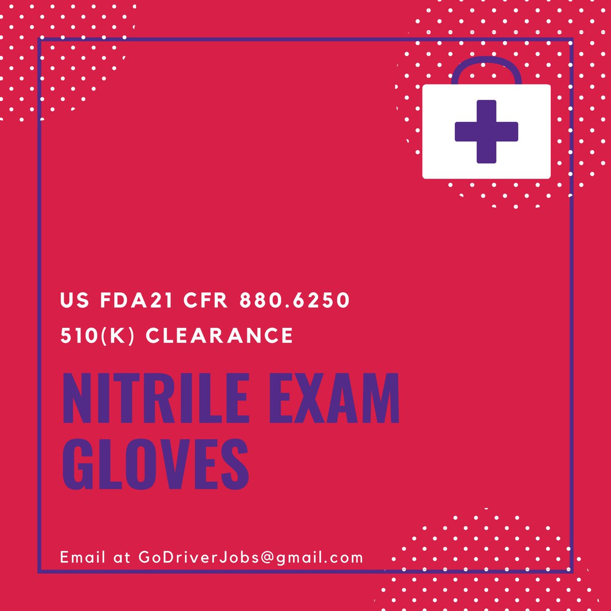 GoDriverJobs's tweet photo. NITRILE EXAM GLOVES 
US FDA21 CFR 880.6250
510(k) clearance 

HIGH MOQ

Email at GoDriverJobs@gmail.com

We can ship to other Countries. 
We have other PPE Items: US FDA-Authorized. #KN95 #Respirator #SurgicalMask #Goggles https://t.co/S0XfP6z2wV
