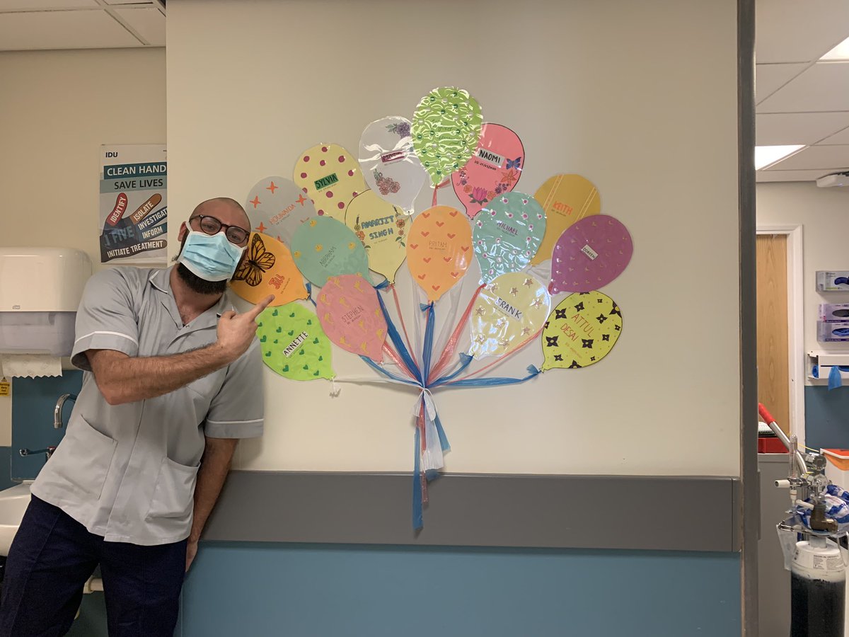 LriUhl's tweet photo. One of our lovely staff nurse Mini, her daughters made the balloons for our positive wall, these are all Covid-19 patients discharge from IDU. The team have pulled together and worked really hard and over come difficult challenges. Here HCA Nello supporting the wall :) #nhs https://t.co/FsDjDcbBsJ