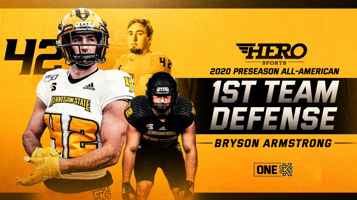 kennesawstfb's tweet photo. Bryson Armstrong is the 𝗗𝗲𝗳𝗶𝗻𝗶𝘁𝗶𝗼𝗻 of an All-American.

🏆 @B_strong07 🏆
➡️ 2020 Preseason All-American
➡️ 2019 Consensus All-American
➡️ 2018 Preseason All-American
➡️ 2017 Jerry Rice Award Winner

Details: https://t.co/zvl6AgtpTL https://t.co/uj5YB3YOBQ