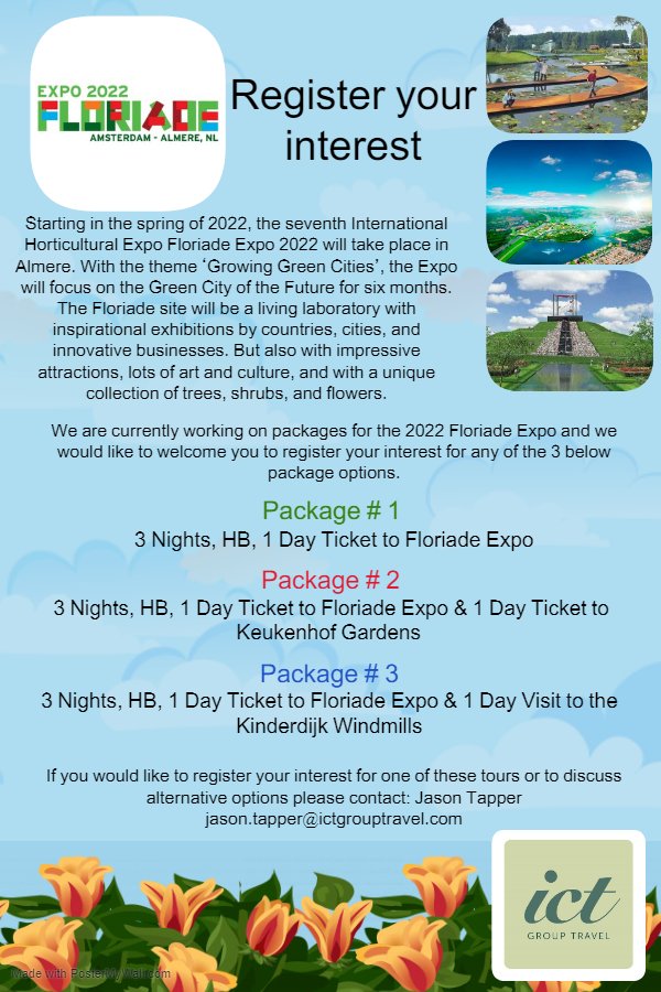 ICTGroupTravel's tweet photo. We are excited to be working on some tour packages to the #Floriade2020 Expo, why not register your interest https://t.co/ZHc2mHxa7s