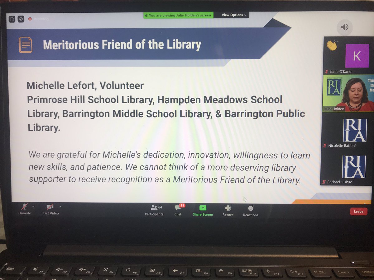 We are so lucky to have Michelle on our team at so many Barrington Libraries. Huge congratulations to our amazing @Primrose_School Library Volunteer on receiving the Meritorious Friend of the Library award at the virtual #RILA2020 Conference!