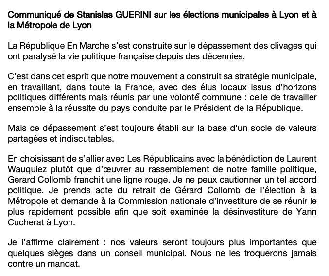 StanGuerini's tweet photo. En choisissant de s’allier avec Les Républicains, avec la bénédiction de Laurent Wauquiez, plutôt que d’œuvrer au rassemblement de notre famille politique, Gérard Collomb franchit une ligne rouge. Je ne peux l'accepter.

Nous ne troquerons jamais nos valeurs contre un mandat. https://t.co/e8EeGkblfz