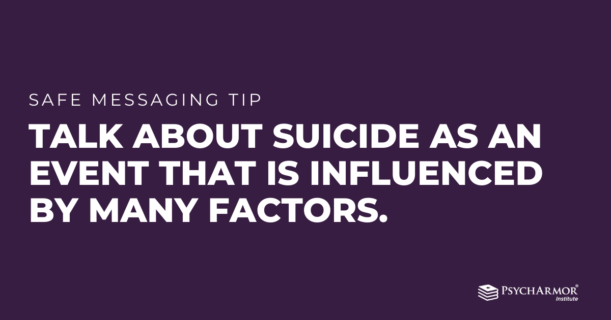 PsychArmor's tweet photo. In the “Unit Stabilization After Suicide Loss” course, narrator Kim Ruocco shares examples of best practices of #safemessaging.

➡️Guides: https://t.co/MKbFjVY53y
➡️Course: https://t.co/saDSXp9yeE 

@TAPSorg #BeThere #SmallStepsSaveLives #MentalHealthAwarenessMonth https://t.co/JLwgrArmXB