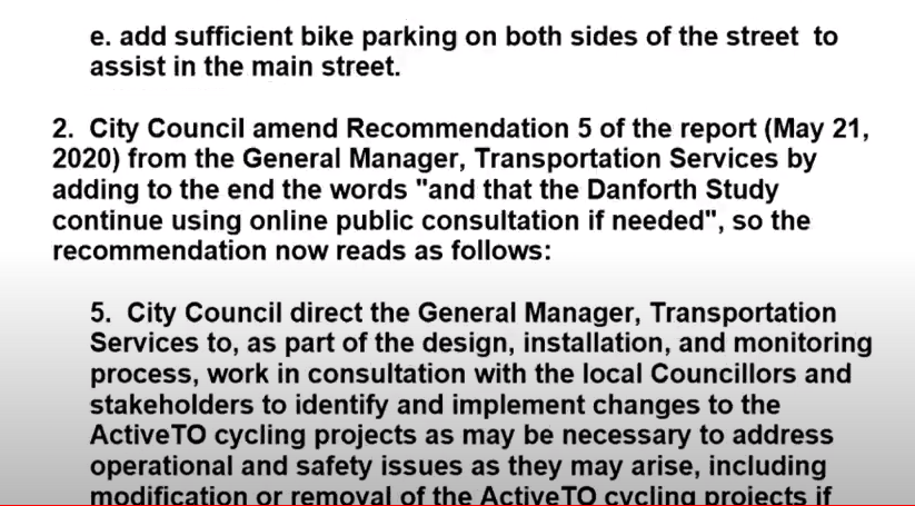 Councillor Paula Fletcher moves a bunch of motions. Wants the Danforth project to include patios/seating areas, space for loading zones, Green P parking and bike parking, etc.