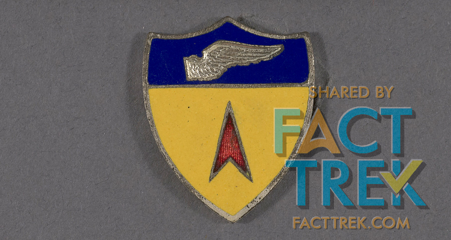 Like the “dart” the arrowhead/Flying A are a variation on a common aerospace symbol, often called a “delta” (Greek letter Δ), which appear in US Army Air Force emblems as far back as 1935: 29 years before the  #StarTrek   version was conceived. Here's one from WWII.