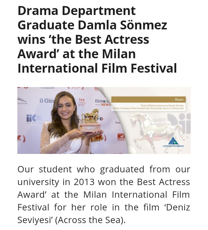  #DamlaSönmez  #EfYam #Çukurو في عام 2015 فازت بجائزة أفضل ممثلة سينمائية في Milano International Film Festival Awards الجائزة التي سبق أن فازت بها ممثلات عالميات و أنجحهن في هوليوود، ليس أي شخص ينال جائزة عالمية كهذه يجب أن تقوم بعملك بشكل جيد جدا لتفوز بها