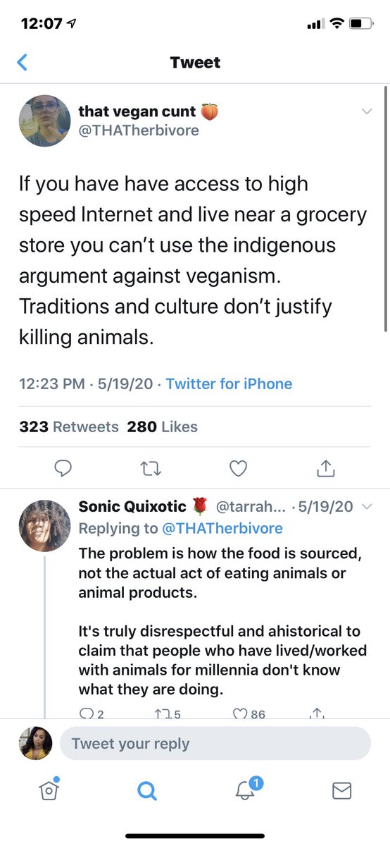 We have  @THATherbivore up next. One of those vegans that cares more about animals than black people. Has been very anti-indigenous in the past as well. Doesn’t really give a fuck about offending black people either. A lot of my mutuals follow her and it’s disgusting 