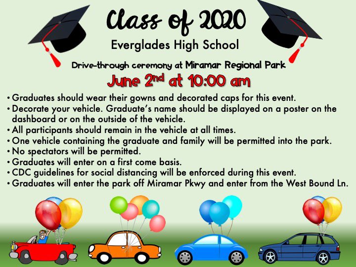 evergladesptsa's tweet image. Class of 2020 drive-through parade! June 2nd at 10:00 am.
#evergladeshighschool #evergladeshighschoolseniors #evergladeshighptsa