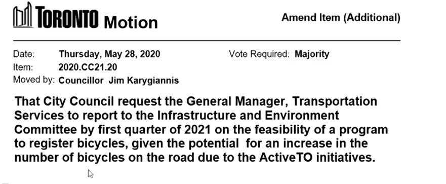 As is customary for these kinds of debates, Councillor Jim Karygiannis moves for a report on a bike registration system.