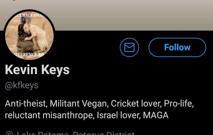 Up next we have  @kfkeys. Bio and avi says enough. Typical racist right-winger. Thank you  @fauxstoicism for bringing this to my attention.  #Vegan  #Plantbased