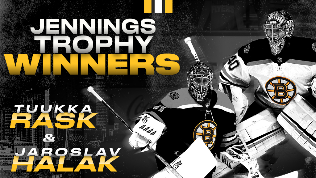 NHLBruins's tweet image. Andy Moog and Reggie Lemelin.
Tim Thomas and Manny Fernandez.
Tuukka Rask and Jaroslav Halak.

For the third time in history, a Bruins goaltending duo has won the Jennings Trophy for allowing the fewest goals in the league.

#NHLBruins